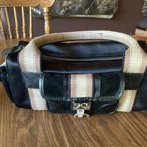 Michael Kors, satchel top handle, black ivory, brown zip closed